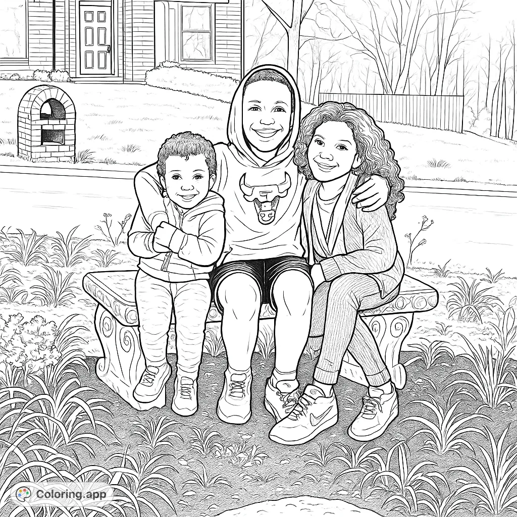 Three smiling siblings pose on a stone bench, surrounded by nature. A heartwarming family moment, perfect for a joyful coloring experience.