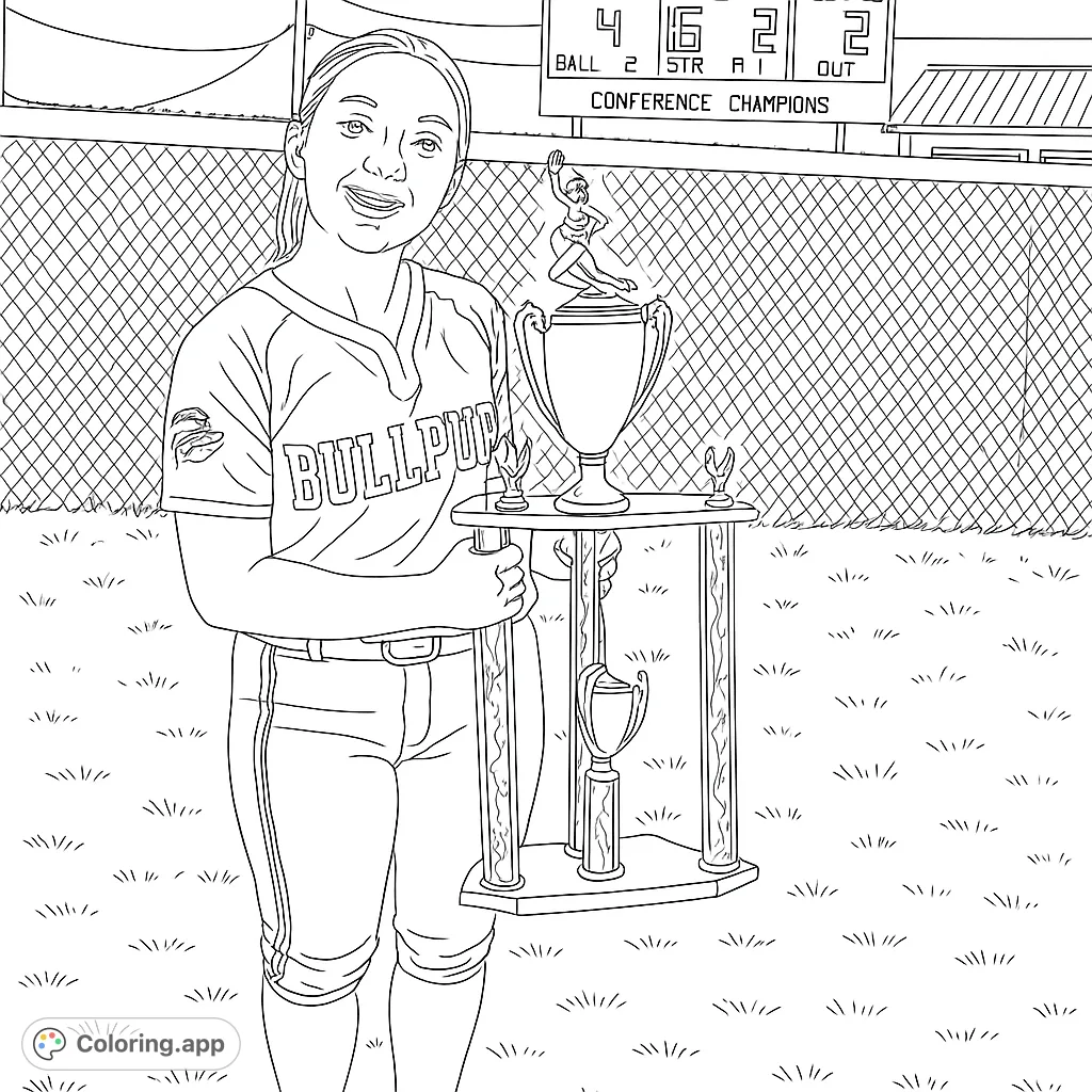 A triumphant softball player proudly holds her championship trophy on the field, celebrating victory. Perfect for sports fans and aspiring athletes!