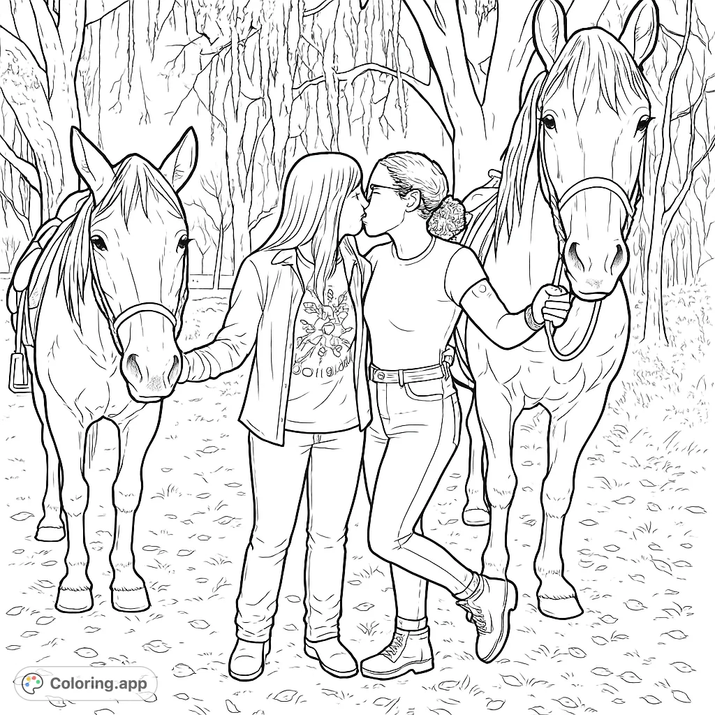 A heartwarming equestrian scene featuring two people embracing between two majestic horses, set against a backdrop of moss-draped trees.