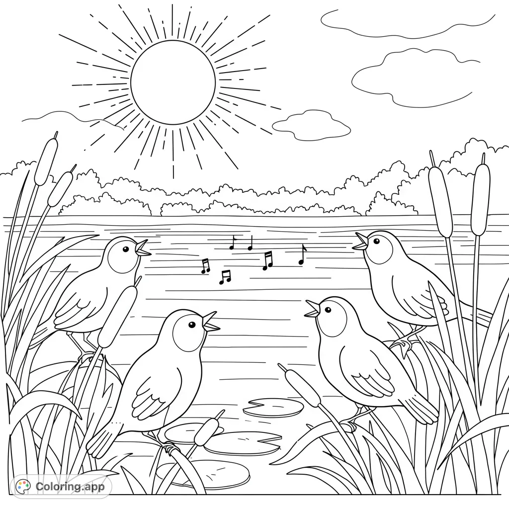 A delightful bird coloring page featuring cheerful birds singing by a serene lake under a bright sun. Perfect for nature lovers.