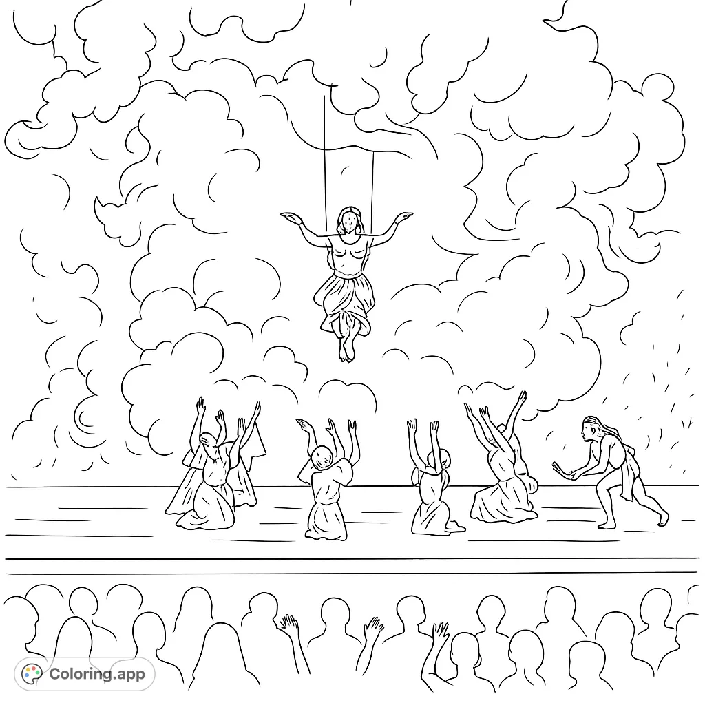 A mystical dance scene with a central floating figure and graceful dancers below, set against a swirling, ethereal background. Perfect for imaginative coloring.