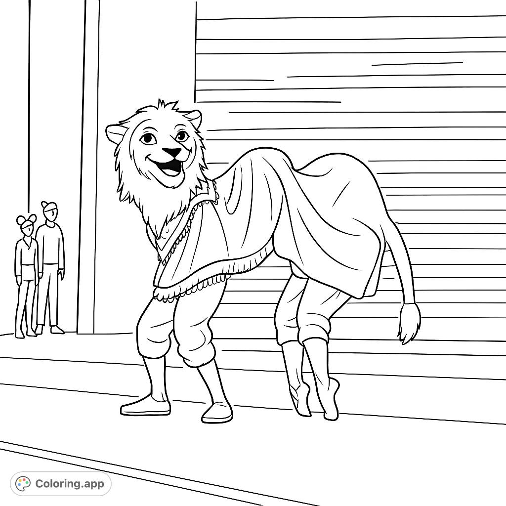 A whimsical camel-like creature in a theatrical costume, performing on stage. Features a furry head, draped body, and ballet pointe shoes.