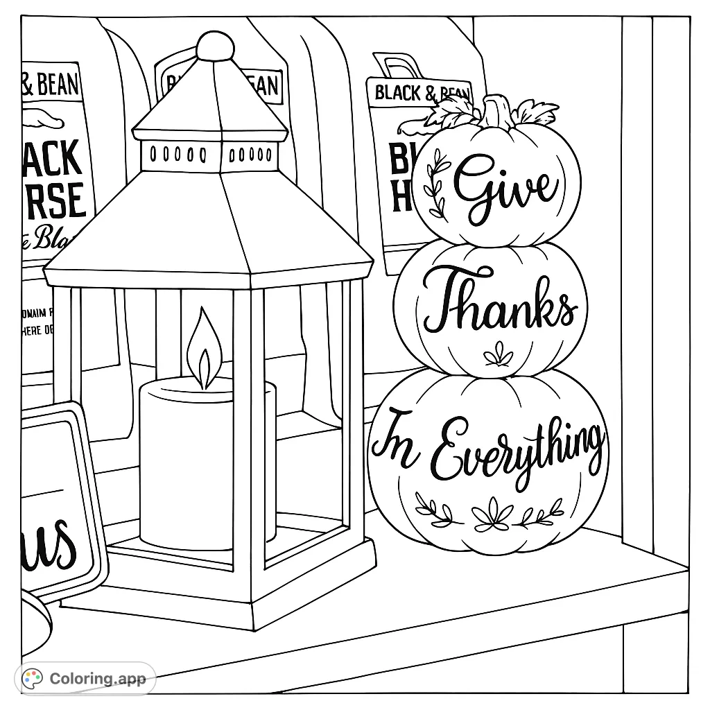 A charming autumn scene featuring a glowing lantern and a stack of pumpkins inscribed with "Give Thanks In Everything." Perfect for fall and gratitude themes.