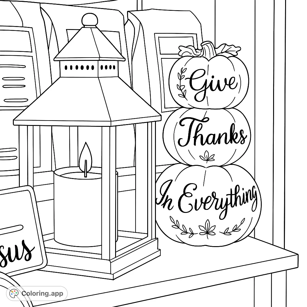 A charming autumn scene featuring a rustic lantern with a glowing candle and a stack of decorative pumpkins inscribed with a message of gratitude.