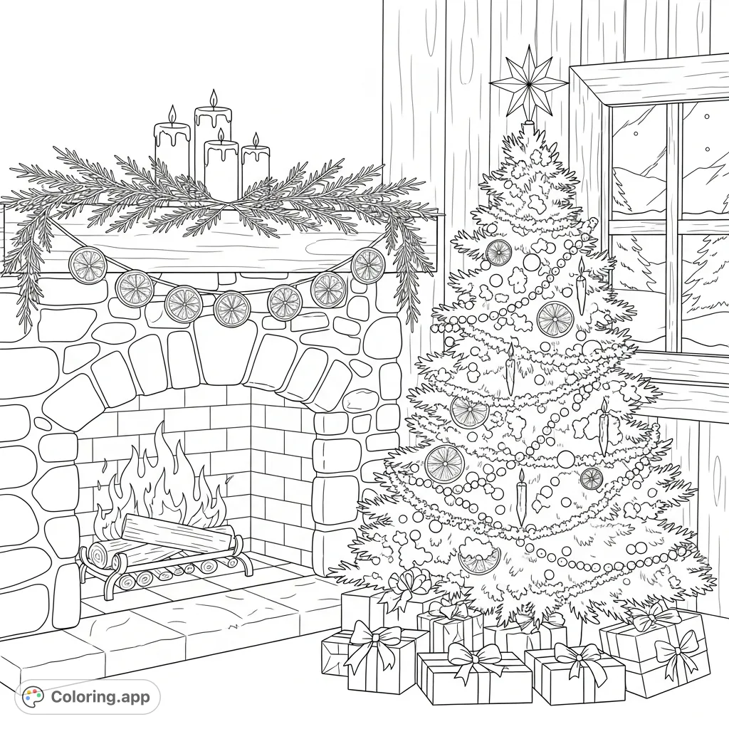 Experience a warm winter evening scene with a crackling fireplace, a festive fir tree adorned with garlands and gifts, and a serene snowy view outside.