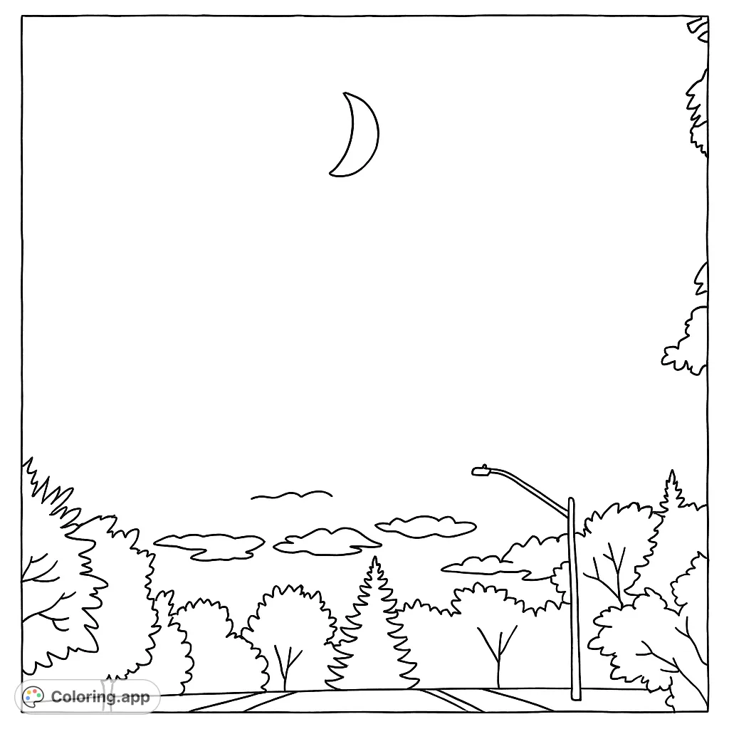 A serene crescent moon hangs above a tranquil tree line and street light, offering a peaceful scene for creative coloring and relaxation.