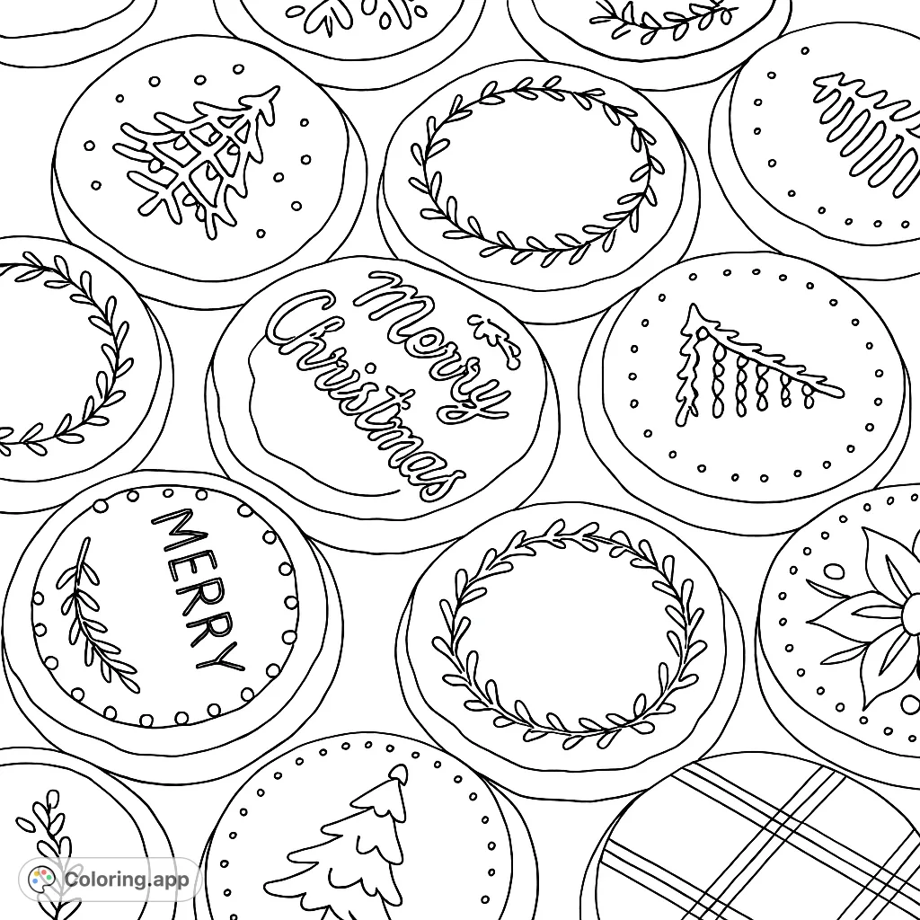 A delightful collection of round, festive cookies decorated with various holiday patterns including trees, wreaths, text, and playful sprinkles, perfect for coloring.