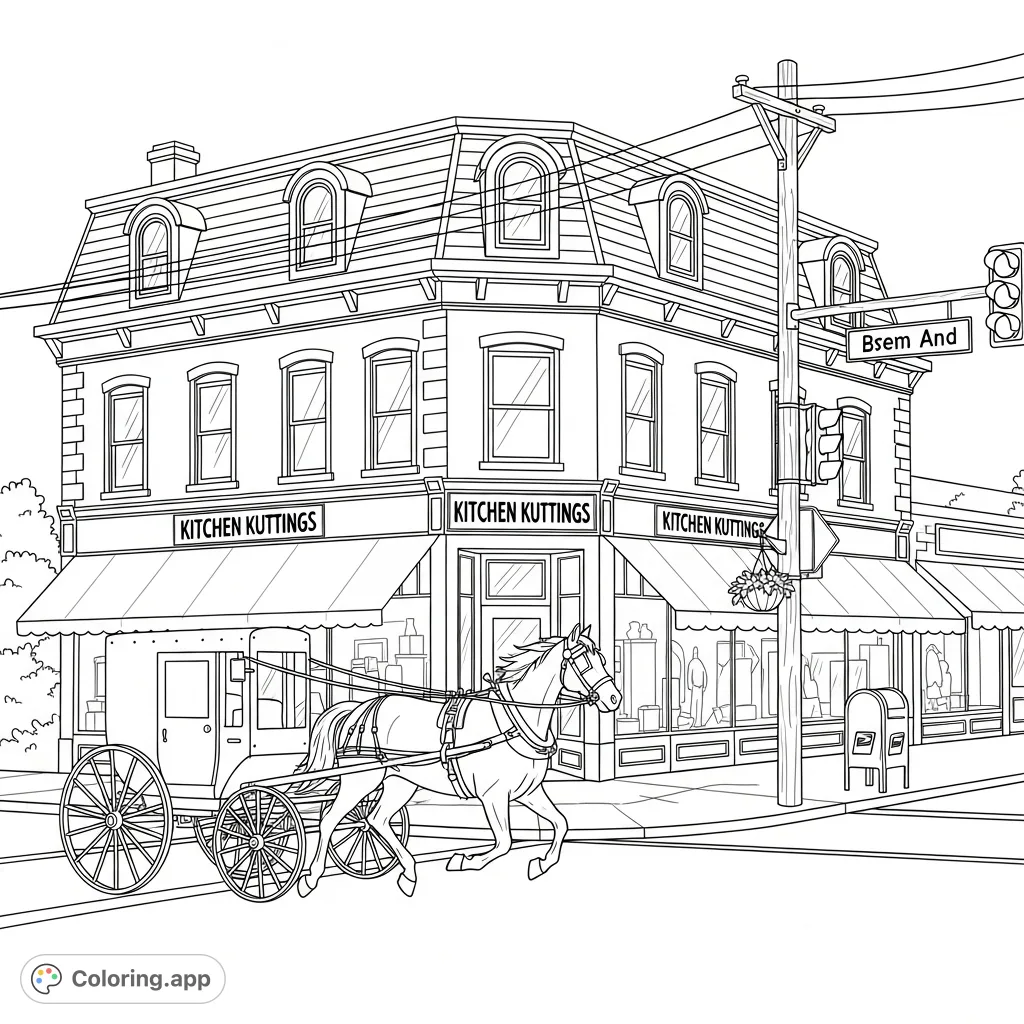 A detailed historic street scene featuring a horse-drawn buggy, a grand corner building with "Kitchen Kuttings" storefronts, and urban elements.