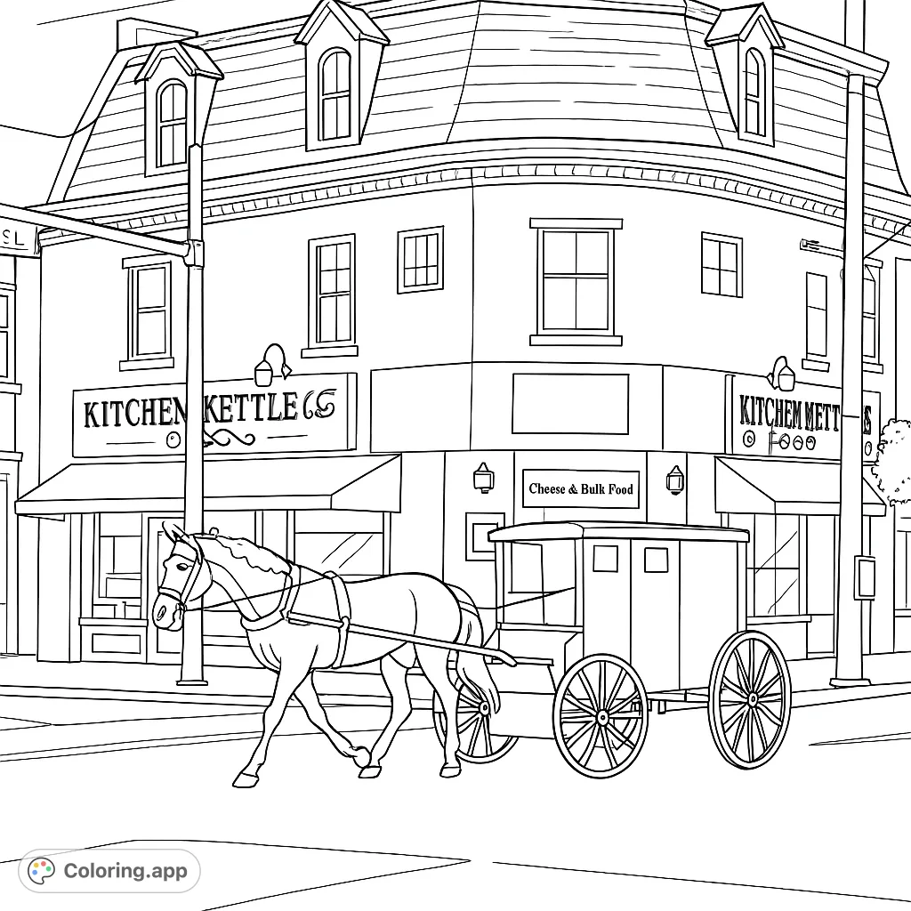 A charming street scene featuring a horse-drawn buggy passing a historic corner building with shops and dormer windows. Perfect for a relaxing coloring experience.