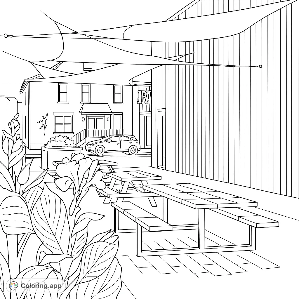 Explore a lively urban patio scene with patterned picnic tables, lush plants, and overhead fabric shades, perfect for a relaxing coloring experience.