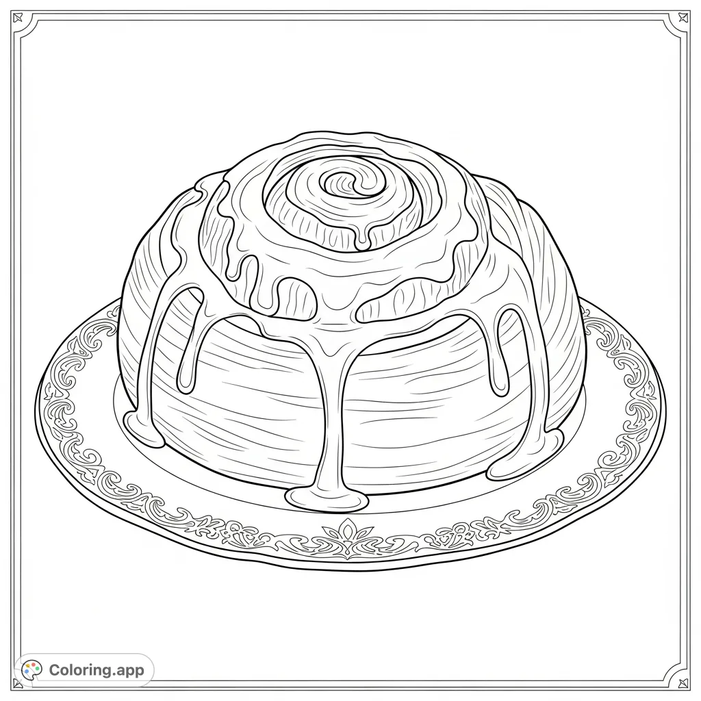 Indulge in this delightful cinnamon roll coloring page, featuring visible swirled layers, generous dripping icing, and an elegant antique plate with intricate patterns.