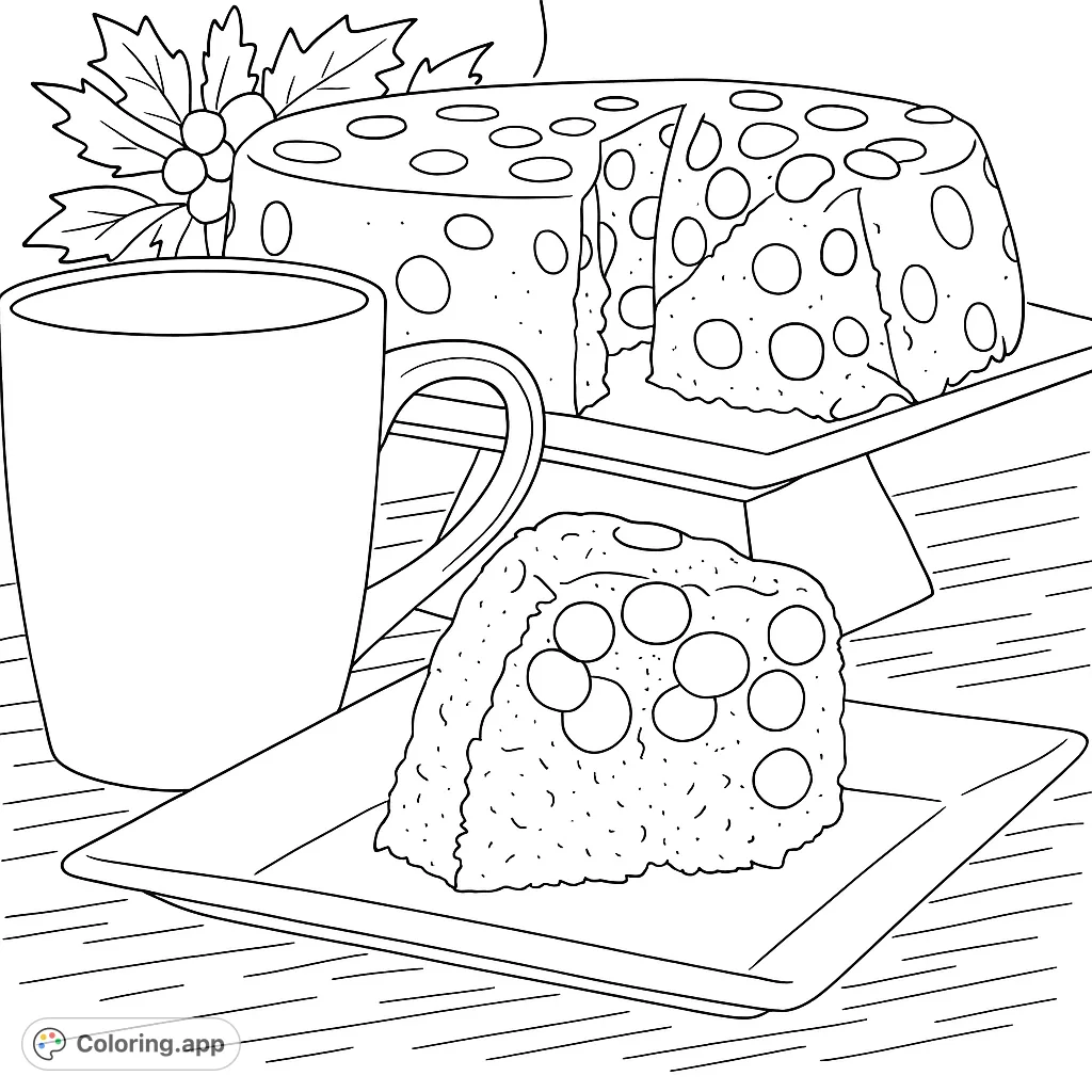 A delightful slice of cake studded with sweet candied pieces, alongside a whole cake and a comforting mug, perfect for a treat-themed coloring page.
