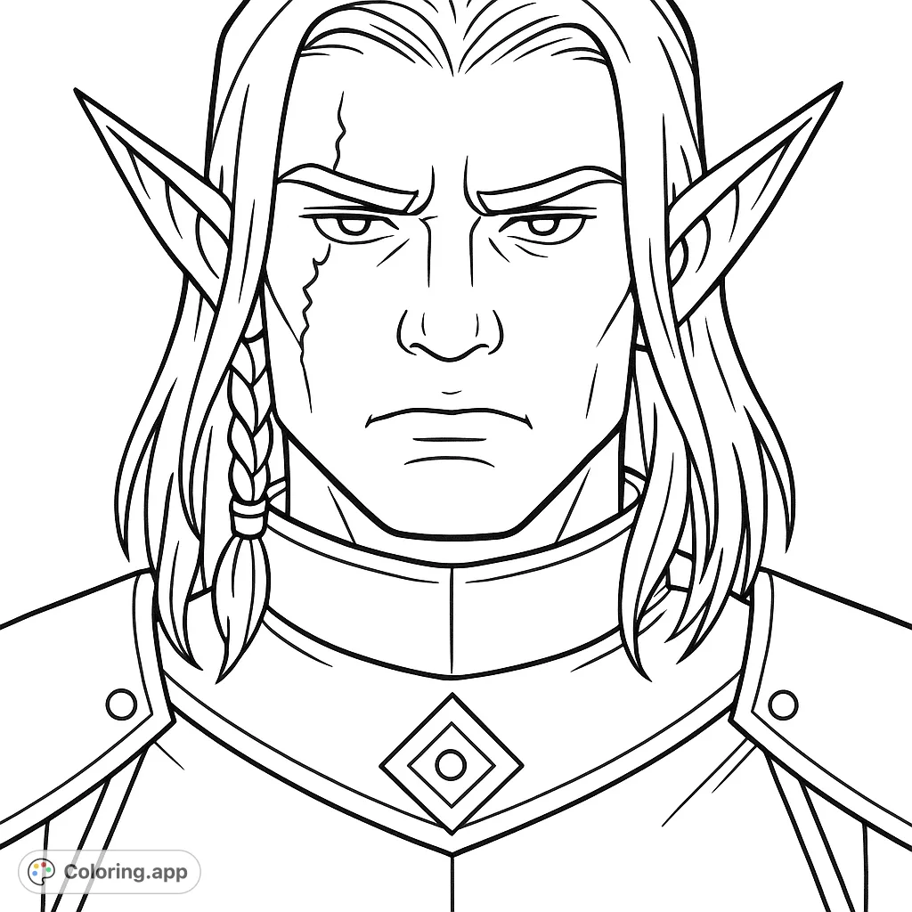 Color a stoic elf warrior with long hair, pointed ears, and battle scars, clad in detailed armor. A challenging fantasy coloring page.