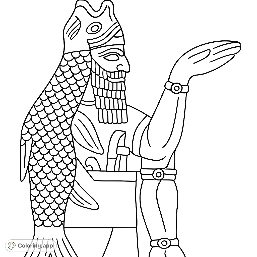 Color an ancient figure in a fish cloak, featuring intricate scales, a detailed beard, and a unique headdress. A historical and mythical design.