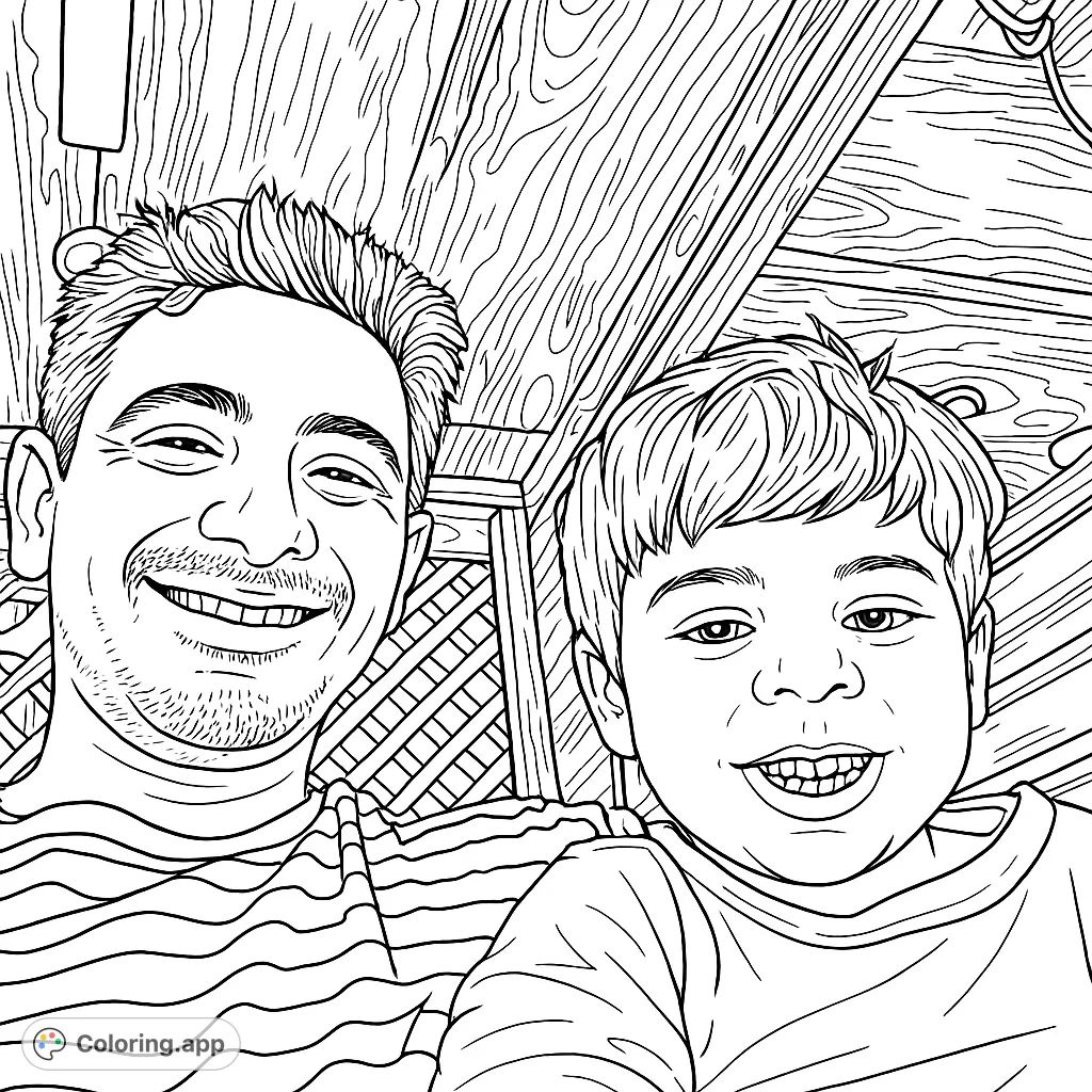 A heartwarming father and son portrait, perfect for family coloring. Features smiling faces and a detailed wooden background.