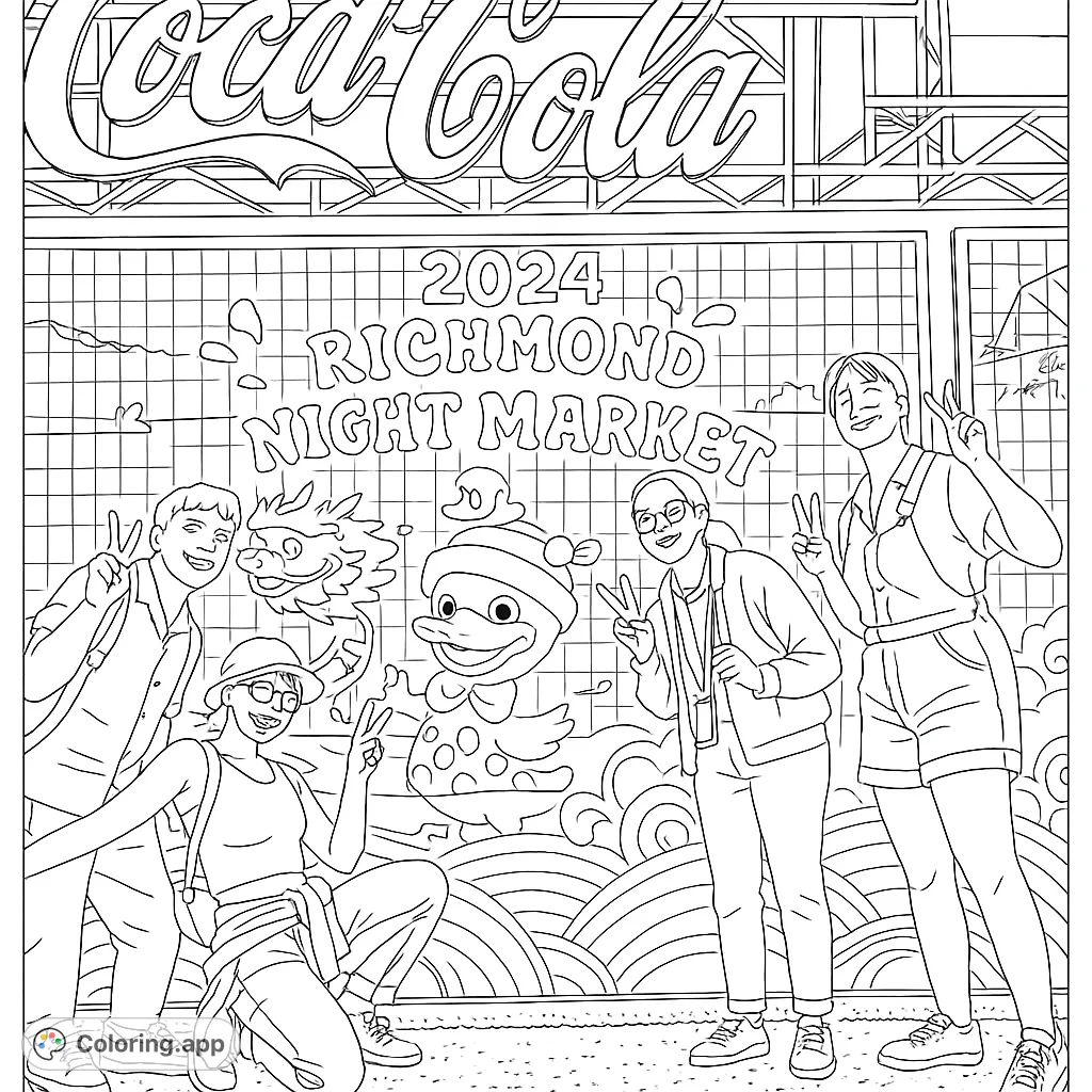 Four friends pose at a vibrant night market, featuring a large Coca-Cola sign and colorful neon art. A fun, detailed scene for coloring.