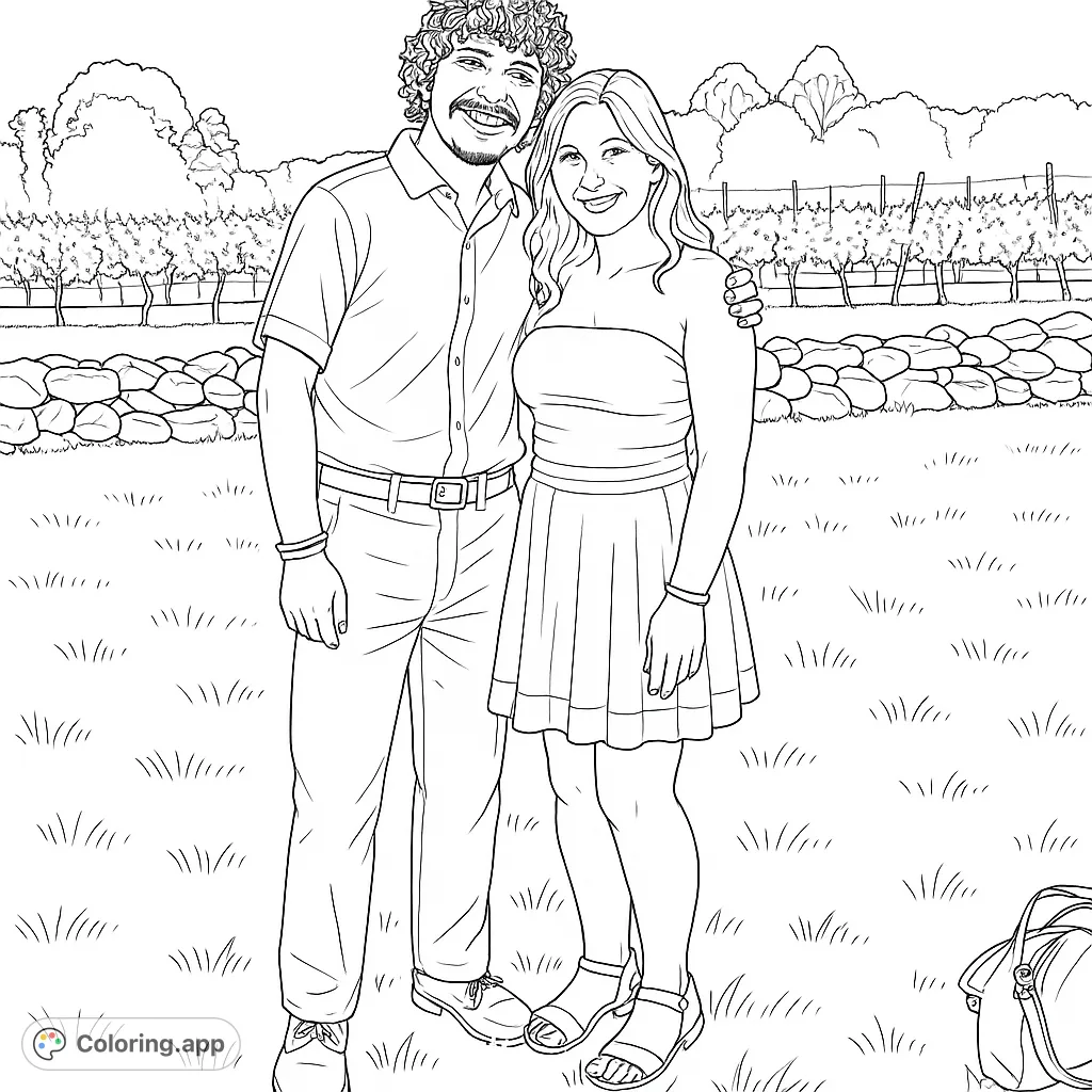 Color a happy couple in a beautiful vineyard setting. Features a man and woman smiling, surrounded by lush grapevines and a stone wall.