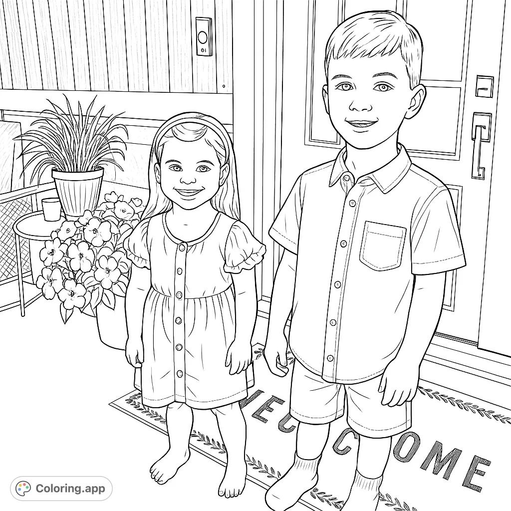 A delightful scene of two happy children, a girl and a boy, standing on a porch with flowers and a house background, ready for creative coloring.