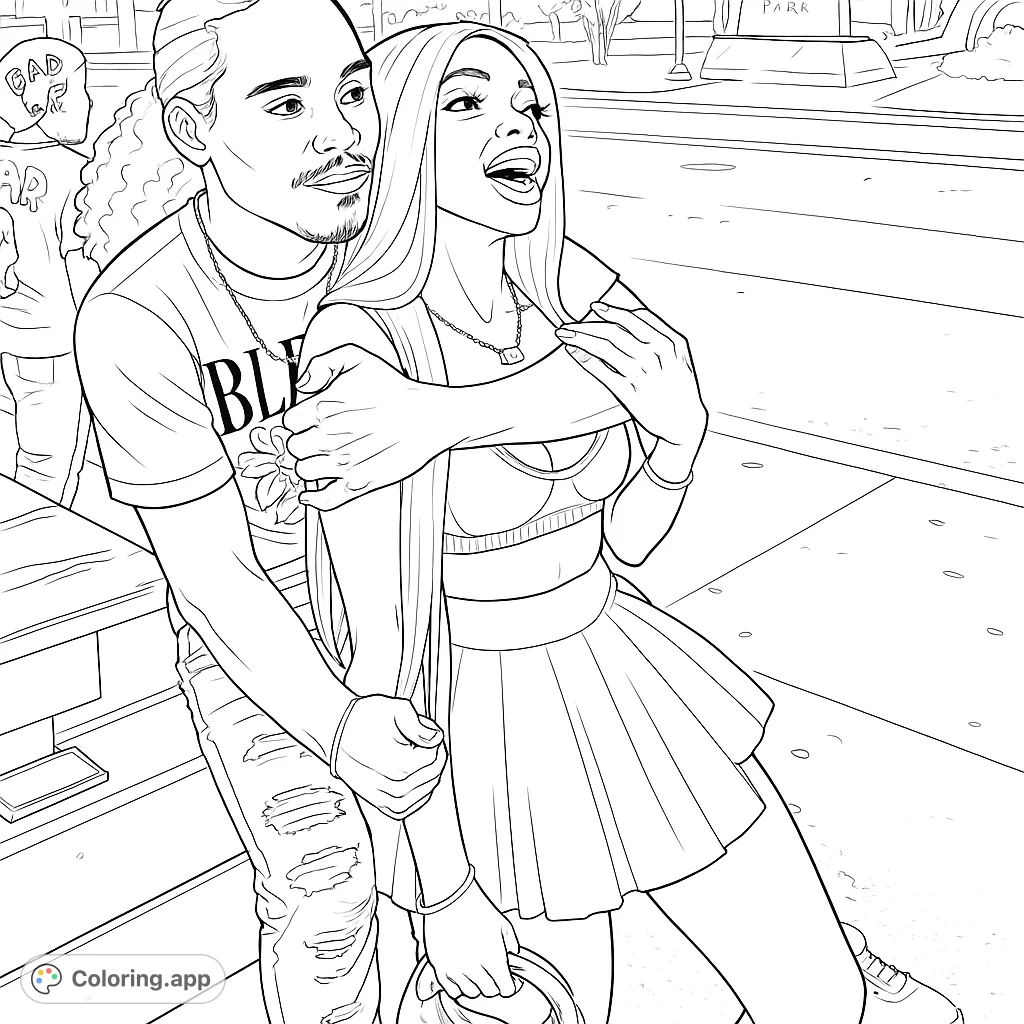 A romantic couple embracing under city lights. Features a man hugging a woman with flowing hair, perfect for a love-themed coloring page.