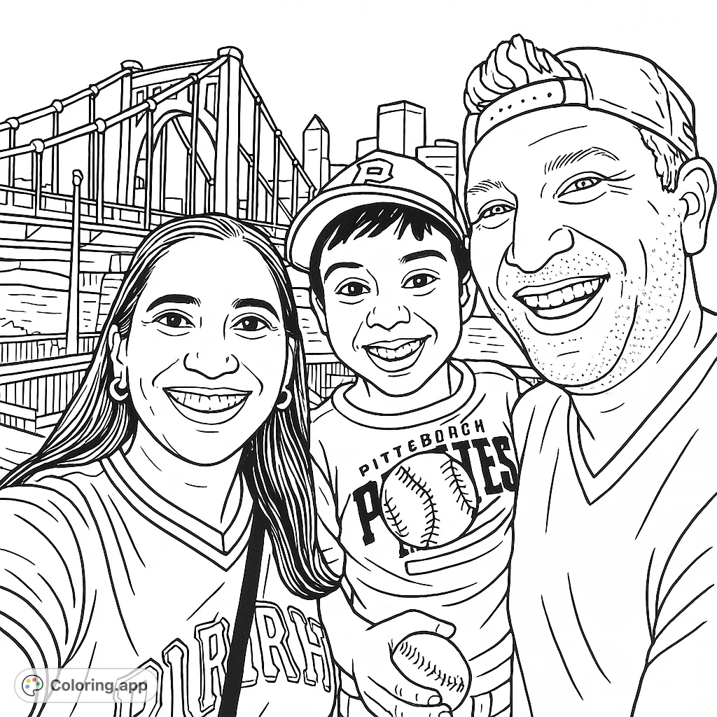 A joyful family selfie with a child holding a baseball, set against a vibrant city skyline and iconic bridge. Perfect for baseball fans!