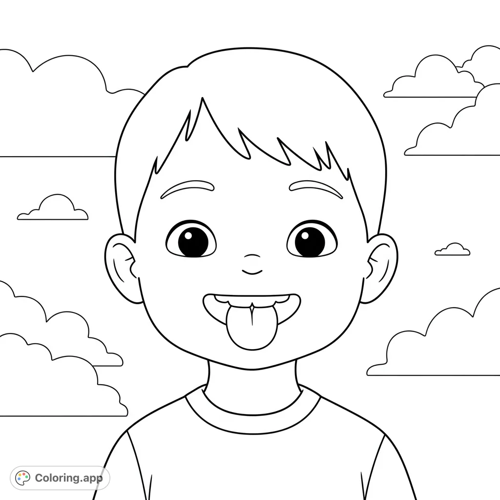 A charming cartoony boy shows his tongue pressed against teeth, revealing the underside, set against a simple sky. Perfect for young colorists!