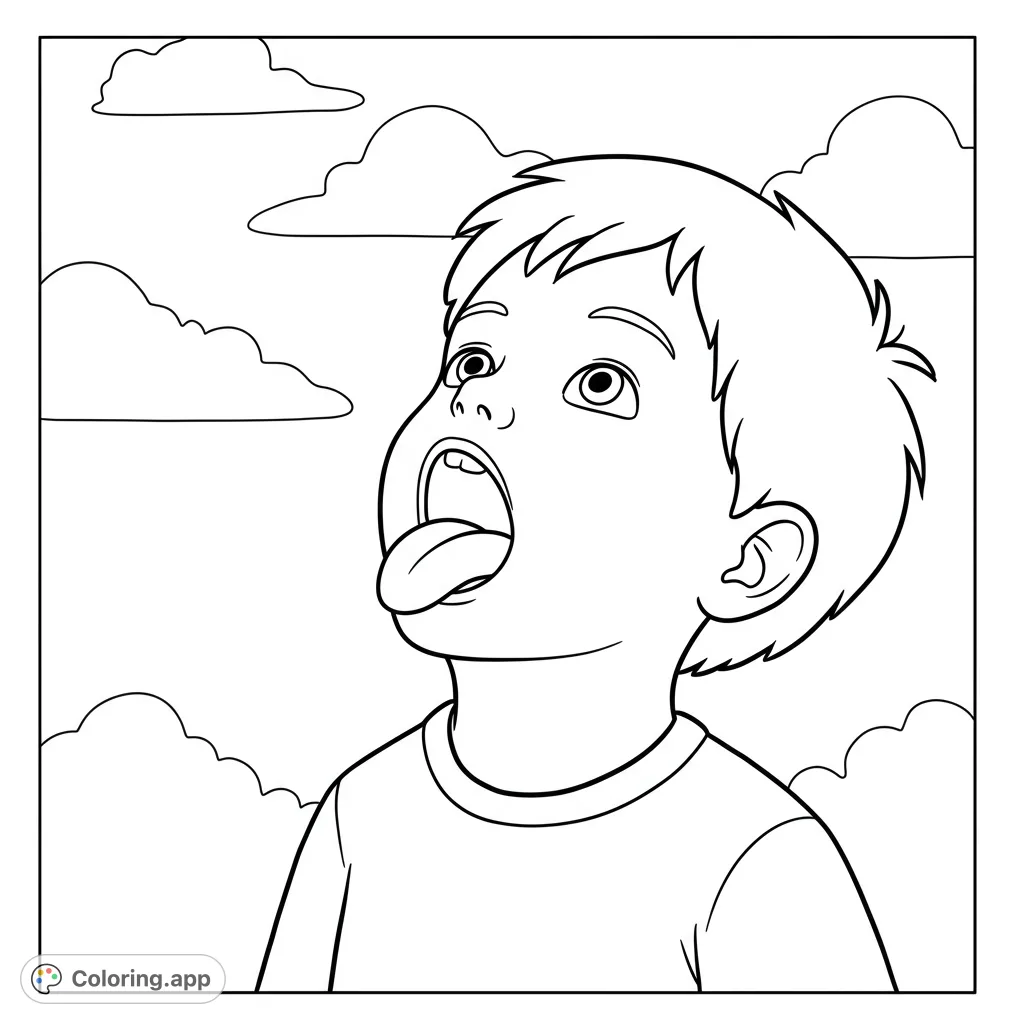 A simple, cartoony black and white line drawing of a boy performing a tongue suction exercise, perfect for a free printable myofunctional coloring page.