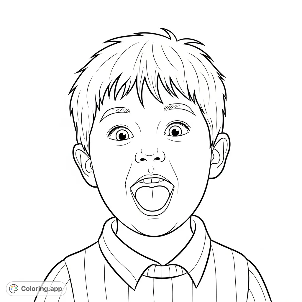 A charming coloring page featuring a little boy with a wide-open mouth and his tongue playfully positioned behind his front teeth, perfect for expressive coloring.