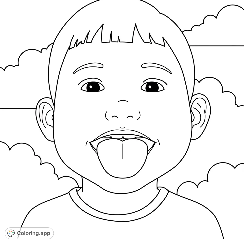 Explore a fun, cartoony anatomy coloring page featuring a child showing their tongue, perfect for learning and creative expression.
