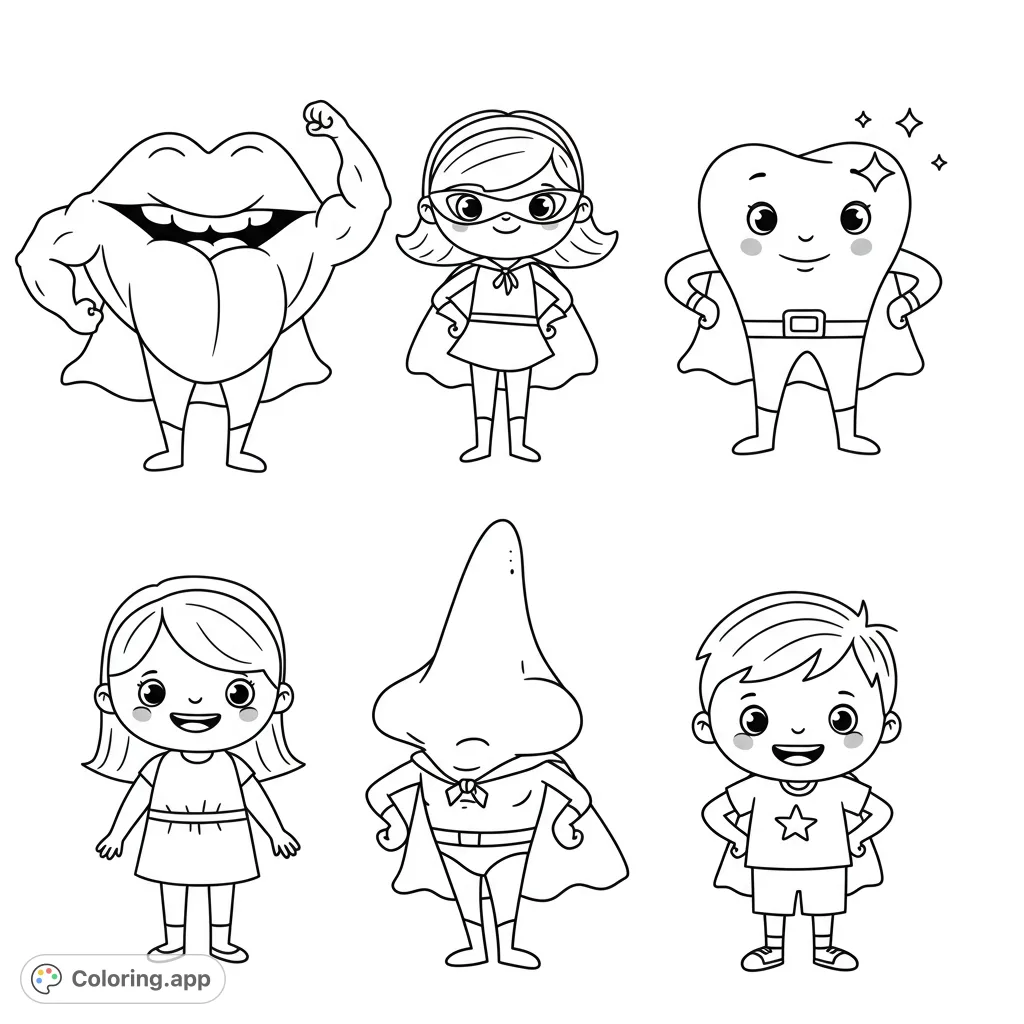 Meet the Fantastic Body Heroes! A fun, cartoony coloring page featuring a tongue, lips, nose, and tooth superhero, joined by a happy girl and boy. Perfect for kids!