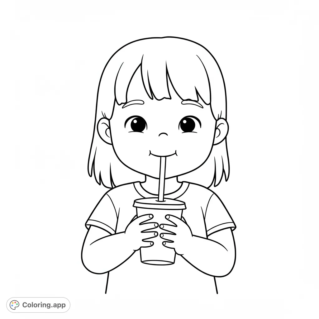 A delightful girl drinking from a straw, perfect for a free printable coloring page. Simple, cartoony lines make this girl drinking coloring page fun for kids.
