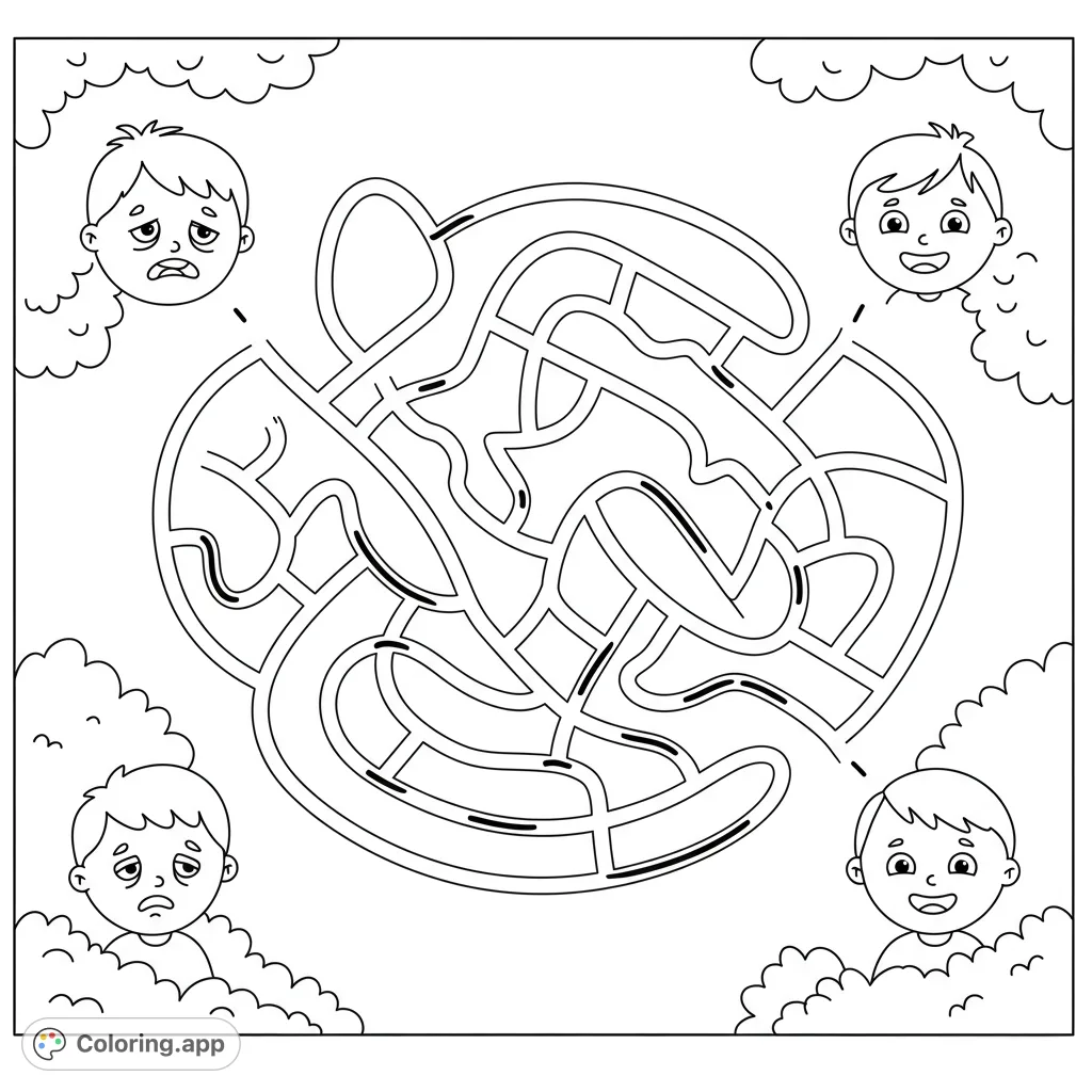 Navigate a fun, cartoony maze from a tired child to a happy one! A simple, free printable maze coloring page for kids and adults.