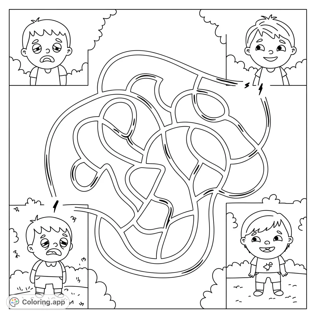 Navigate a fun, cartoony maze from a tired child to a happy one! A simple, free printable maze coloring page for kids and adults.
