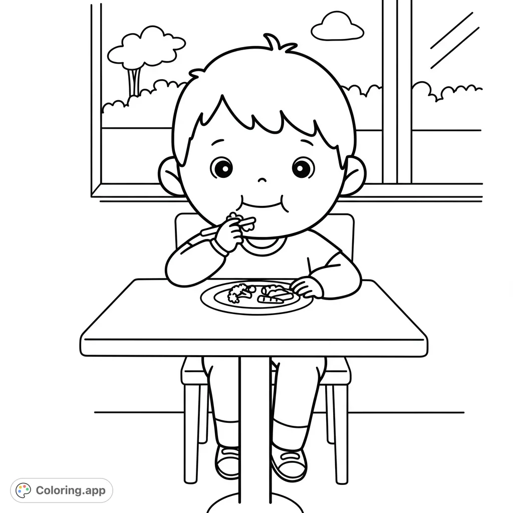 A delightful kid eating coloring page, featuring a happy child enjoying a meal at a restaurant. This free printable coloring page is perfect for kids and adults.