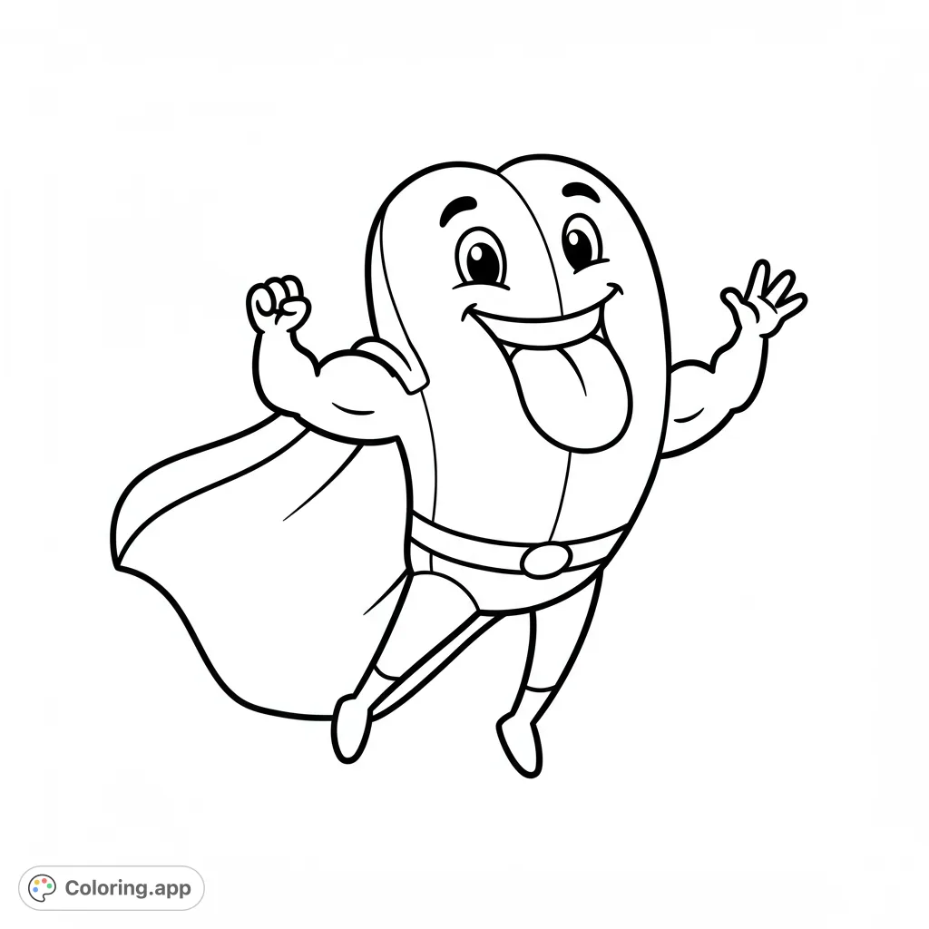A fun, cartoony tongue superhero with strong arms and a flowing cape, smiling and waving. Perfect for a simple, joyful coloring experience!