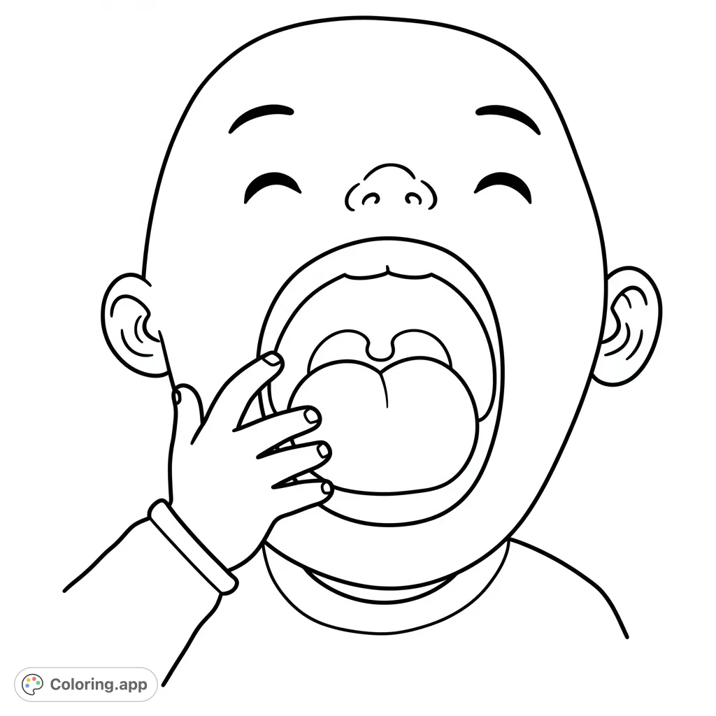 A fun, cartoony kid's mouth coloring page showing a child holding their tongue up, perfect for learning about oral health with bold lines and simple areas.