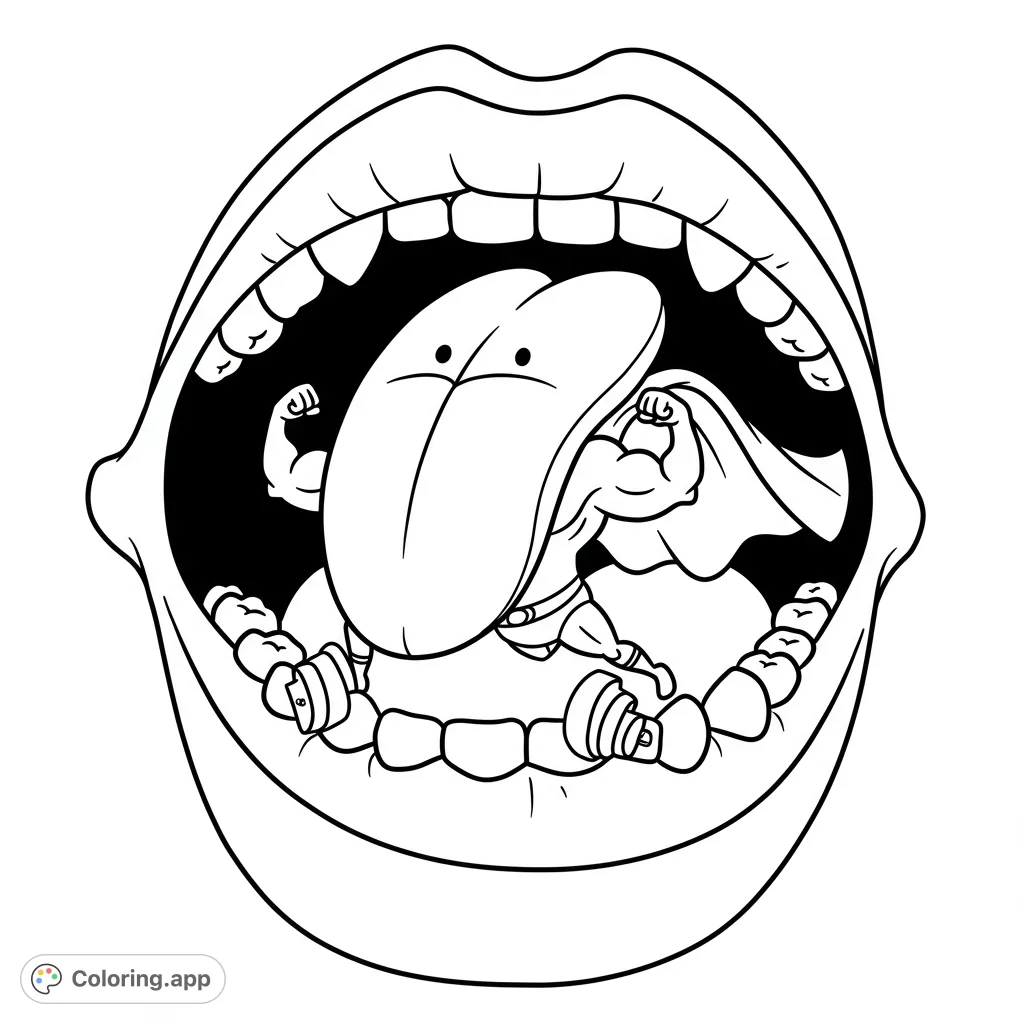A hilarious tongue superhero with a cape and strong arms does push-ups inside a mouth. A fun, cartoony, and simple black and white line drawing.