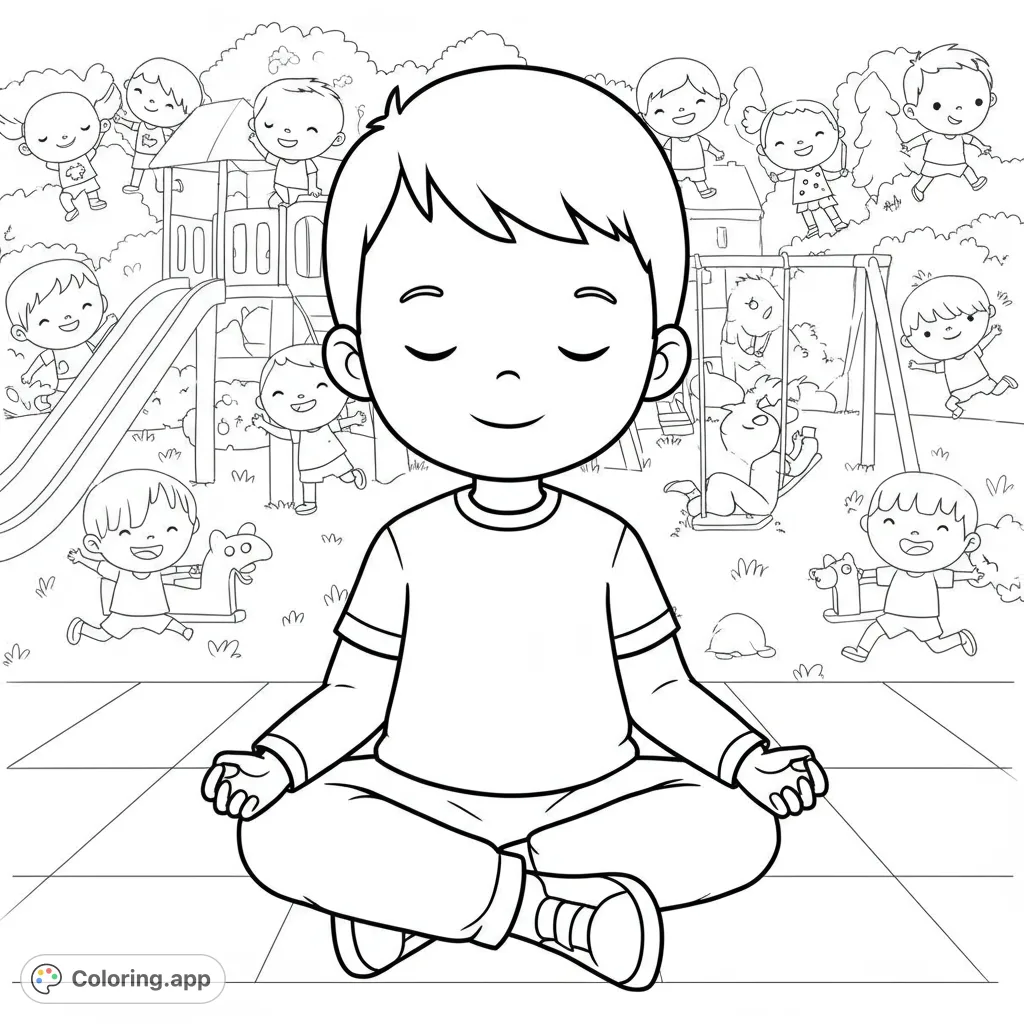 A serene boy meditates amidst a bustling playground, a charming contrast for a peaceful coloring experience. Perfect for all ages and mindfulness.