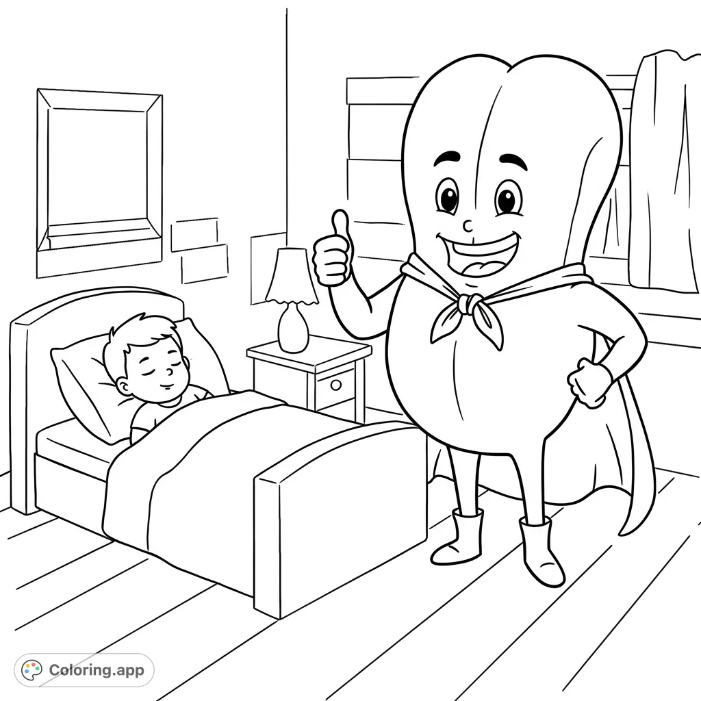 A charming sleep hero coloring page featuring a peaceful sleeping child and a friendly superhero tongue giving a thumbs-up. A free printable coloring page for kids!