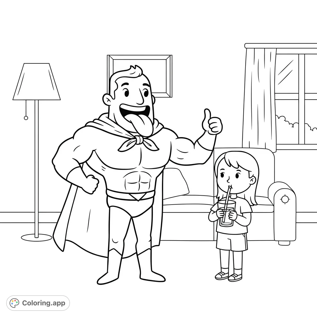 A fun superhero coloring page featuring a tongue superhero giving a thumbs-up to a girl drinking from a glass, perfect for a free printable coloring page.