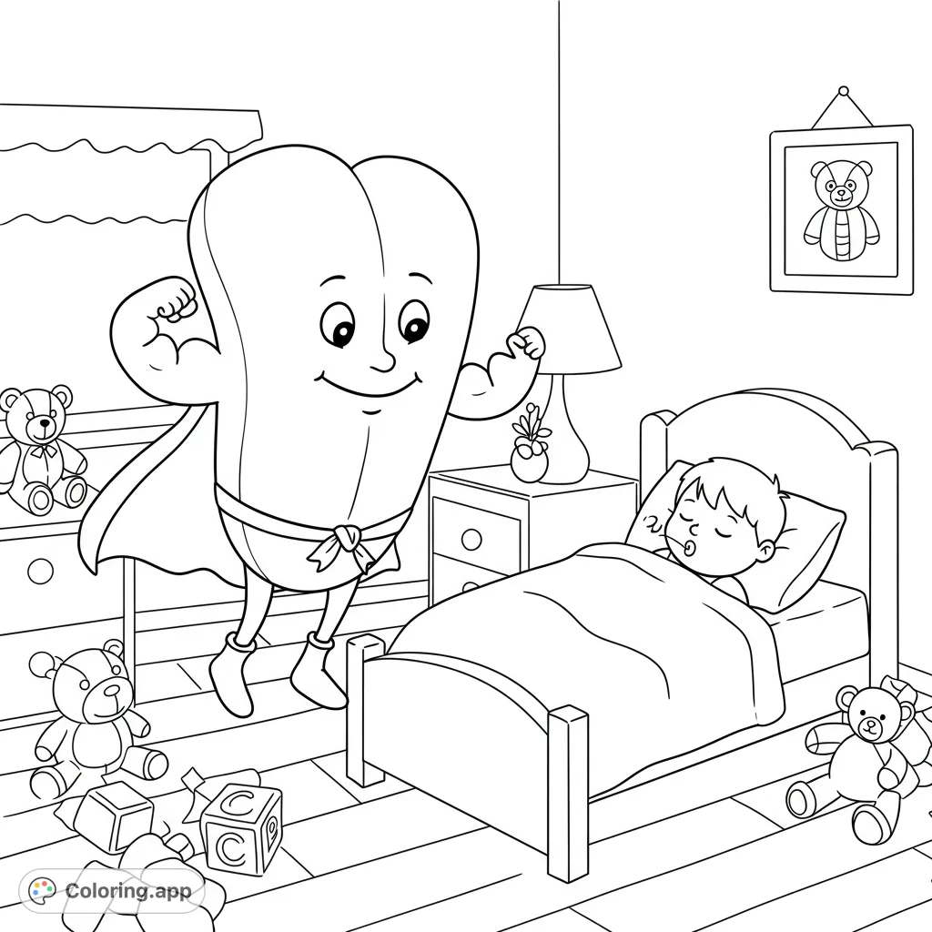 A delightful superhero tongue watches over a sleeping child in a cozy bedroom, perfect for a fun and imaginative coloring adventure.