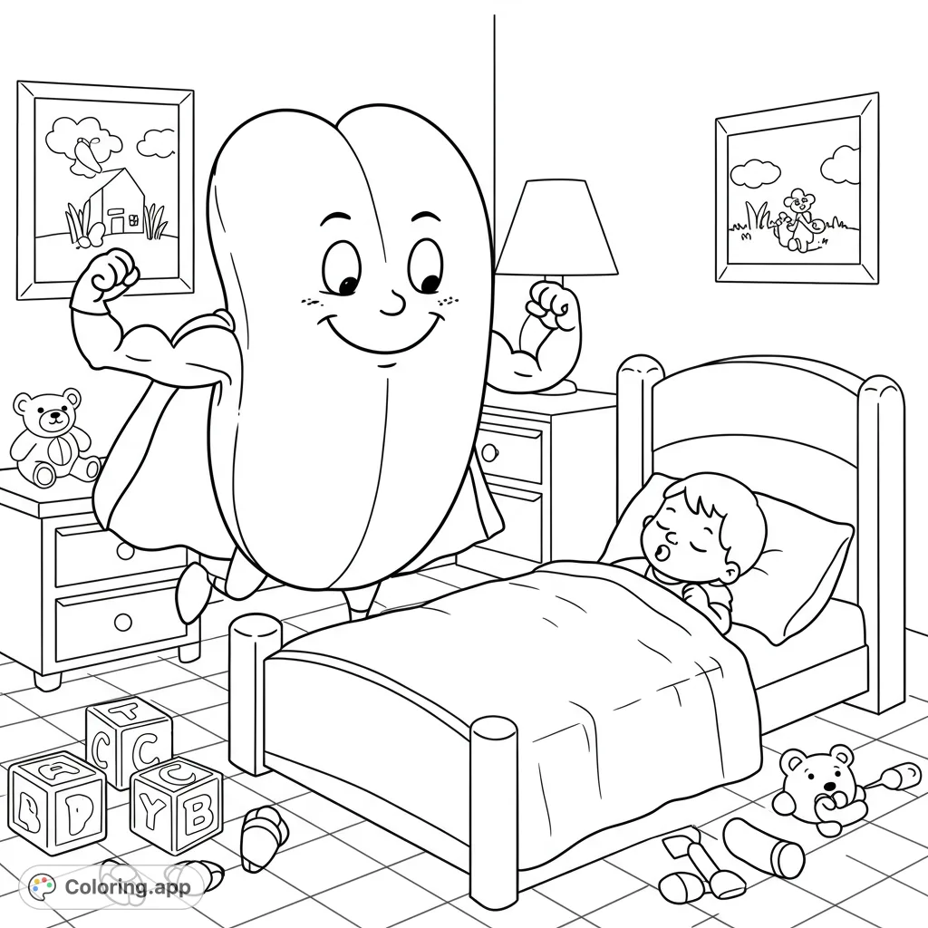 A delightful superhero tongue watches over a sleeping child in a cozy bedroom, perfect for a fun and imaginative coloring adventure.
