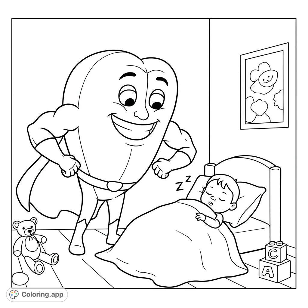 A charming superhero tongue character watches over a sleeping child in a cozy bedroom. A delightful superhero tongue coloring page for peaceful moments.