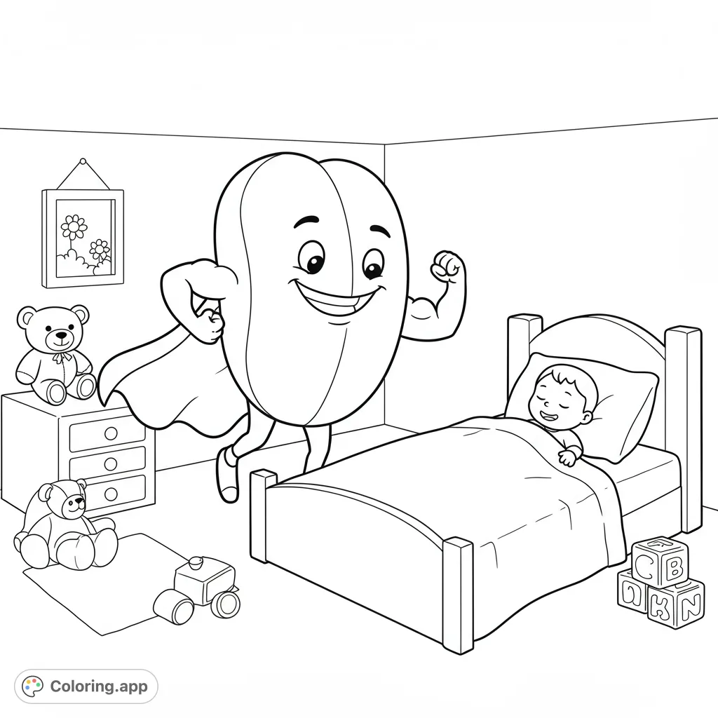 A charming superhero tongue character watches over a sleeping child in a cozy bedroom, perfect for a fun and imaginative coloring adventure.