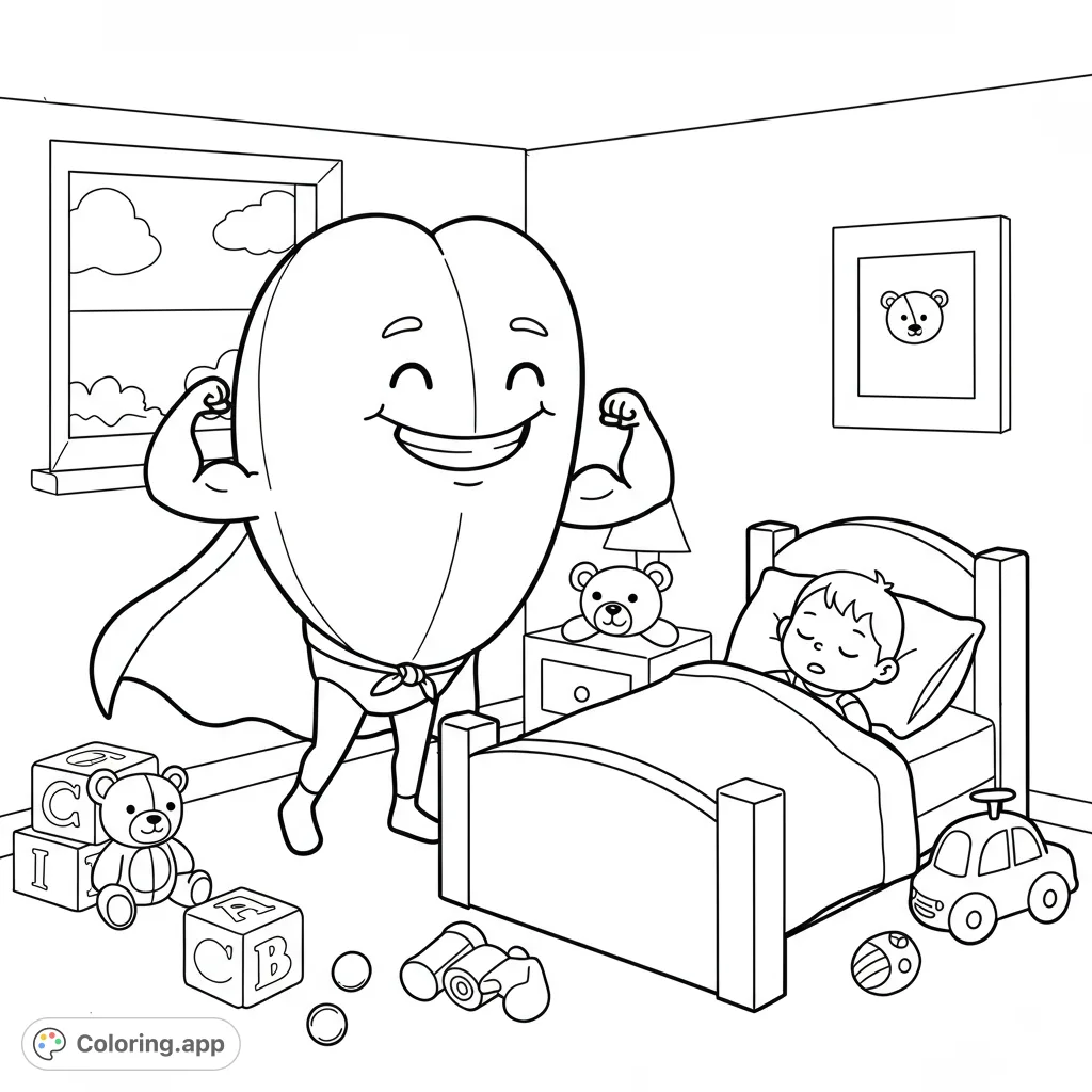 A charming superhero tongue watches over a sleeping child in a cozy bedroom, perfect for a fun and imaginative coloring adventure.