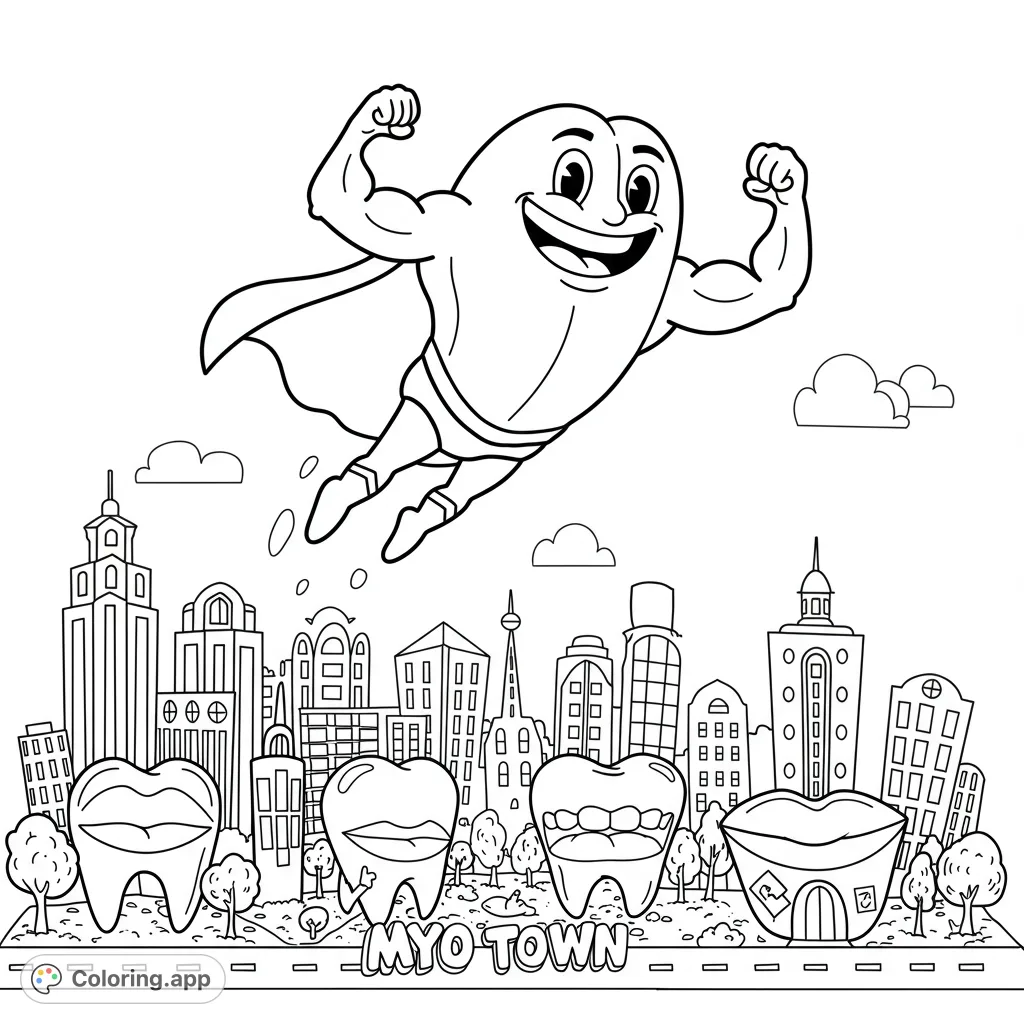 A fun, cartoony superhero tongue flies over Myo Town, a whimsical city of tooth and lip-shaped buildings. Perfect for a unique coloring adventure!