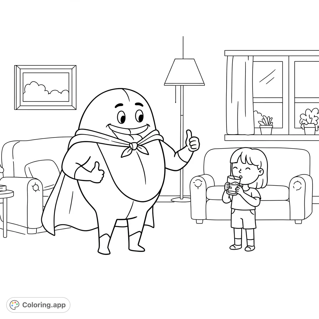 A fun superhero tongue in a cape gives a thumbs-up to a girl drinking from a glass in a simple living room. A delightful superhero coloring page for all ages!