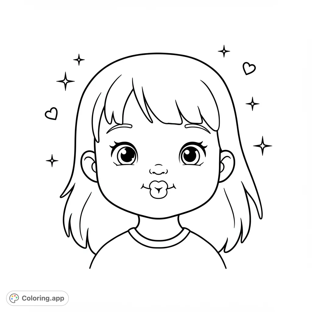 A delightful kissy face coloring page featuring a cute little girl with puckered lips. A free printable coloring page, perfect for kids and adults!