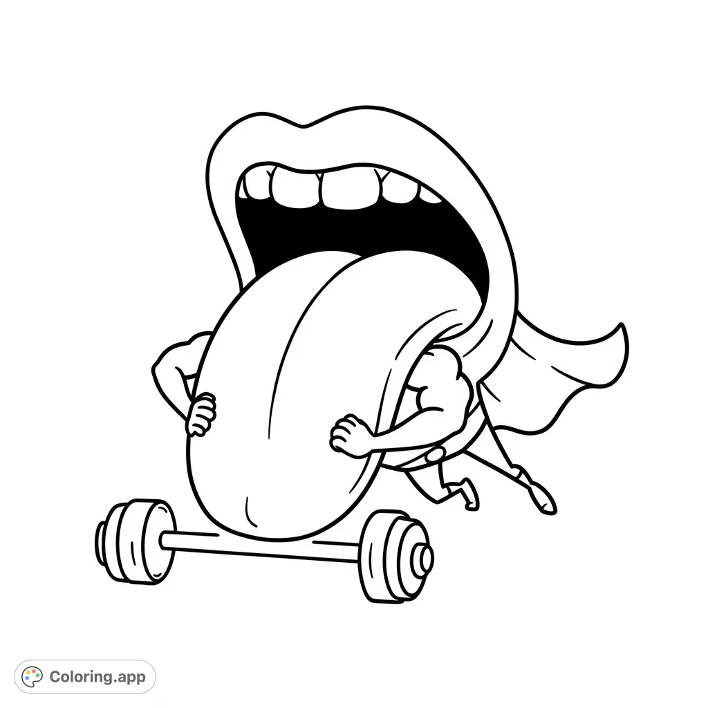 A fun tongue superhero coloring page! This free printable coloring page features a cartoony hero doing push-ups, perfect for kids and adults.