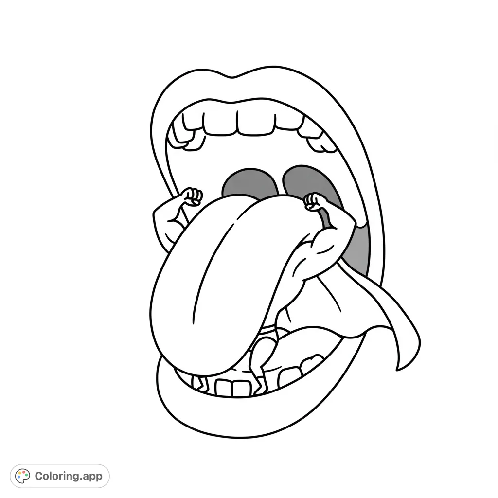 A fun, cartoony tongue superhero in a cape doing push-ups inside a mouth. Bold lines and simple shapes make this a perfect free printable coloring page.