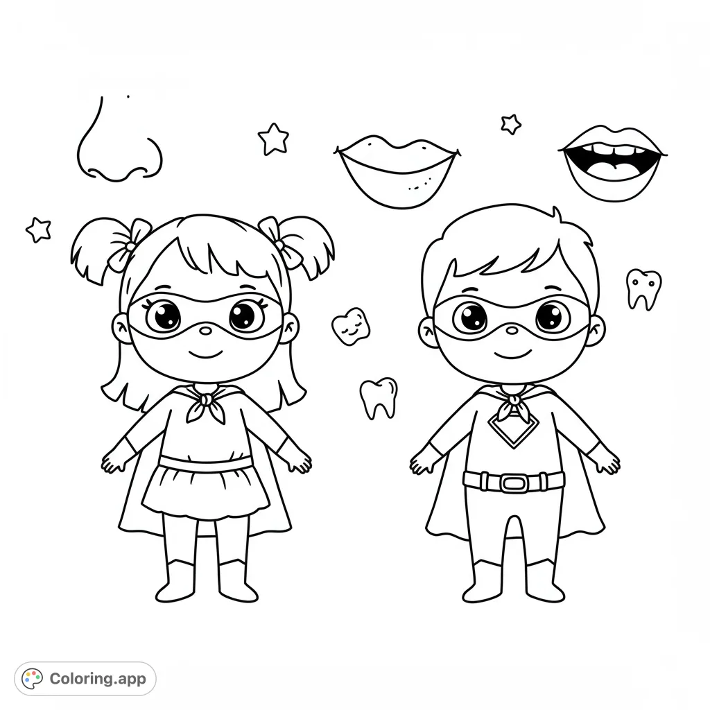 A delightful superhero coloring page featuring a happy girl and boy in capes, with whimsical facial features in the background. Perfect for kids!